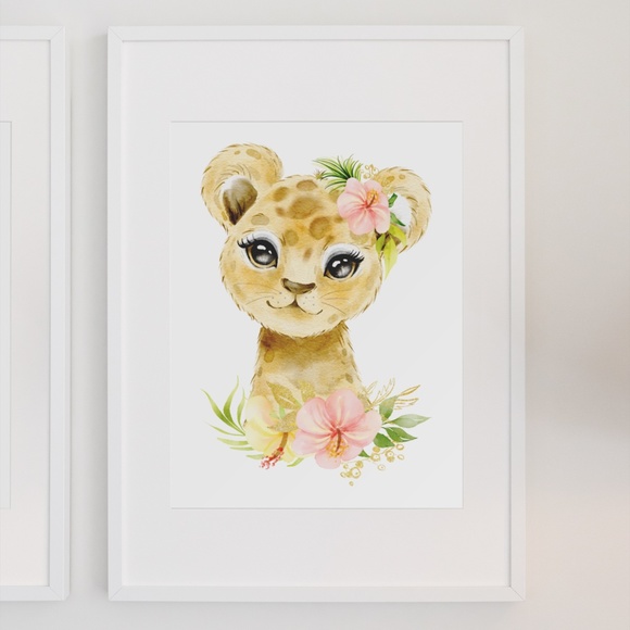 Cute Watercolor Floral Leopard Wall Art Print Poster Unframed - Picture 3 of 9